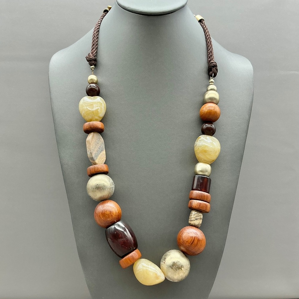 Chicos Necklace Womens Gold Tone Brown Wood Resin Stone Beaded Chunky 21-24 Inch